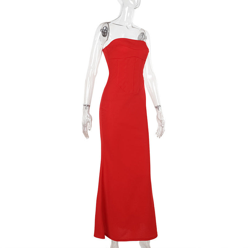 Autumn Long Dress Socialite Elegant Sexy Slim Waist Tube Top Dress
