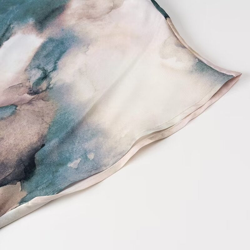Women Wear Summer Round Neck Slim Fit Pleated Tie Dyed Satin Texture Dress
