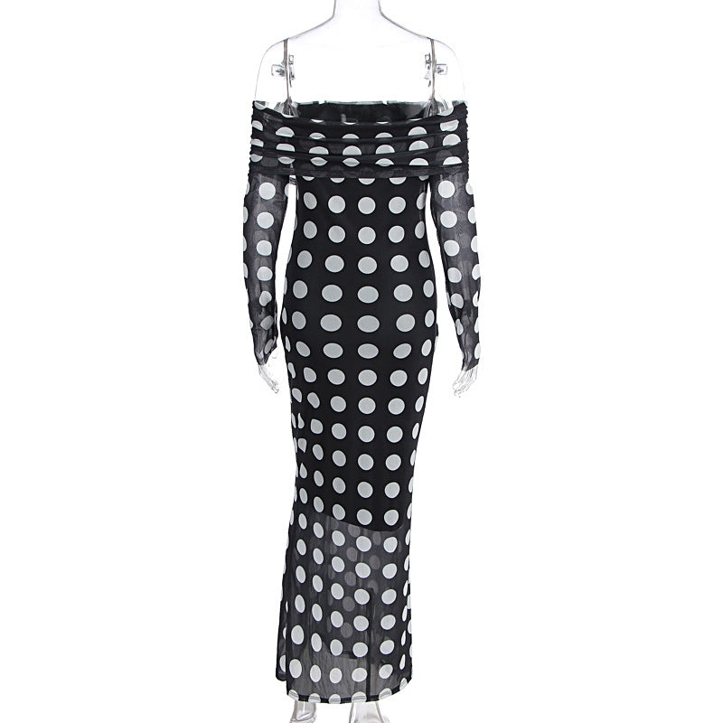 Women Clothing Autumn Winter Sexy off Shoulder Long Sleeve Mesh Slim Polka Dot Print Dress
