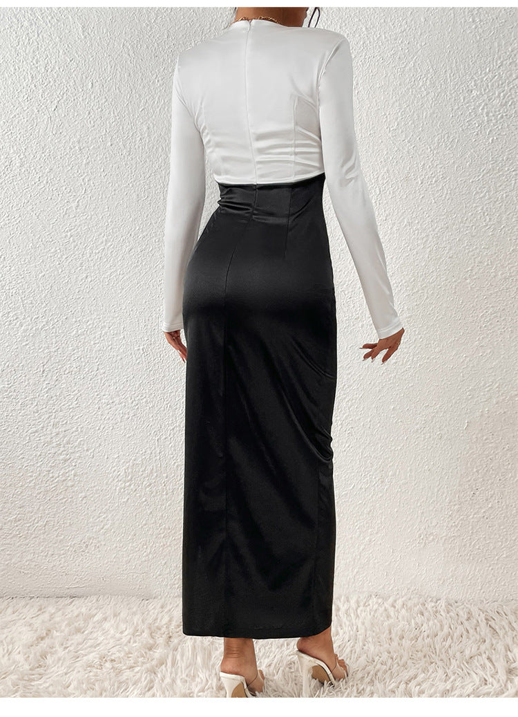 Women Long Sleeved Assorted Colors False Two Piece Maxi Dress Elegant Graceful Waist Hip Dress