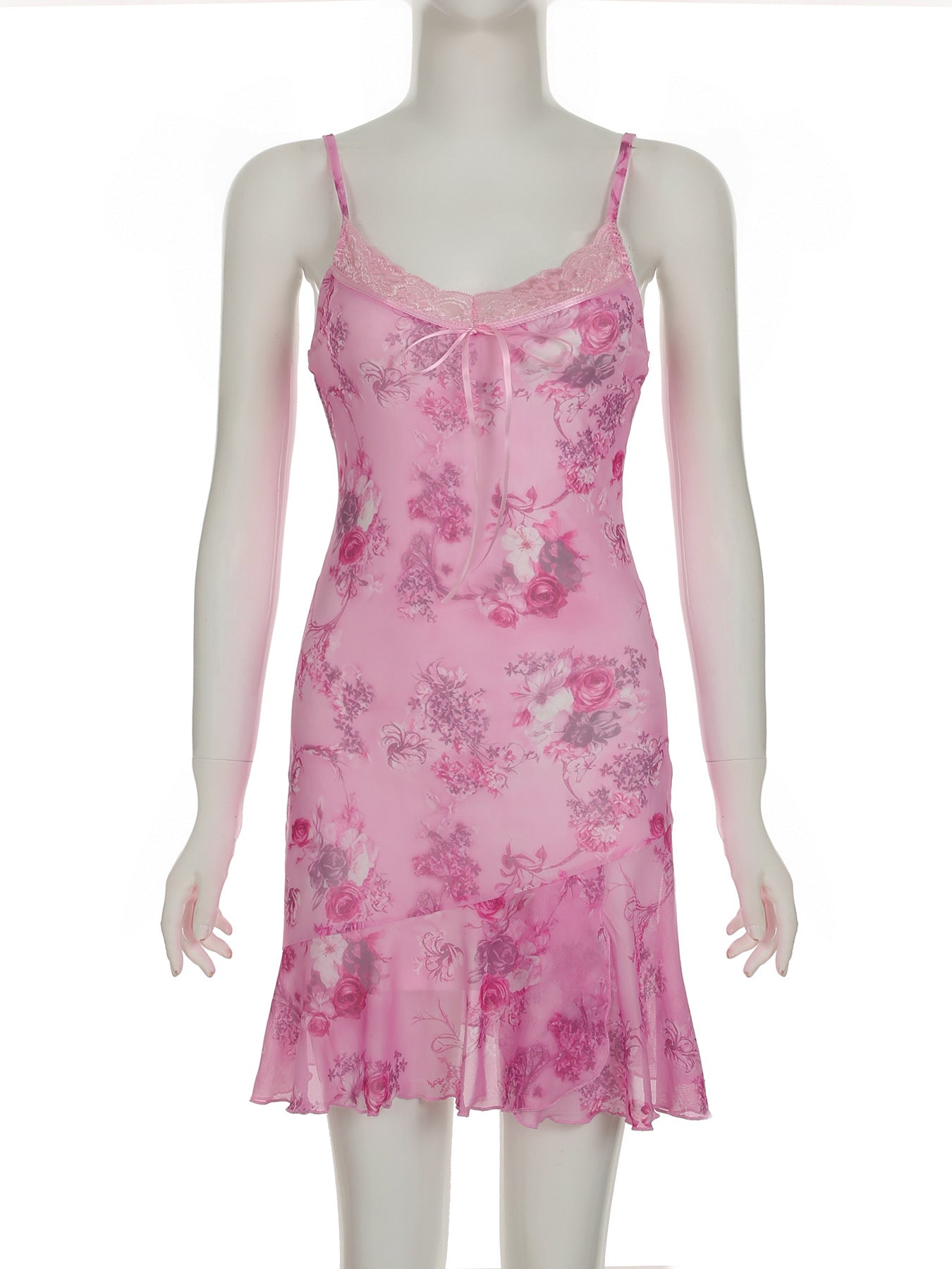 Sexy Sexy Mesh Lace Patchwork Retro Printed V neck Sling Dress Sexy Irregular Asymmetric Dress