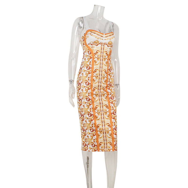 Women Wear Personality Printed V neck Slim Slimming Hip Dress Camisole Dress