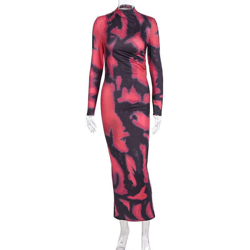 Autumn Winter Women Sexy Sheath Tie Dyed Printed Round Neck Pullover Dress