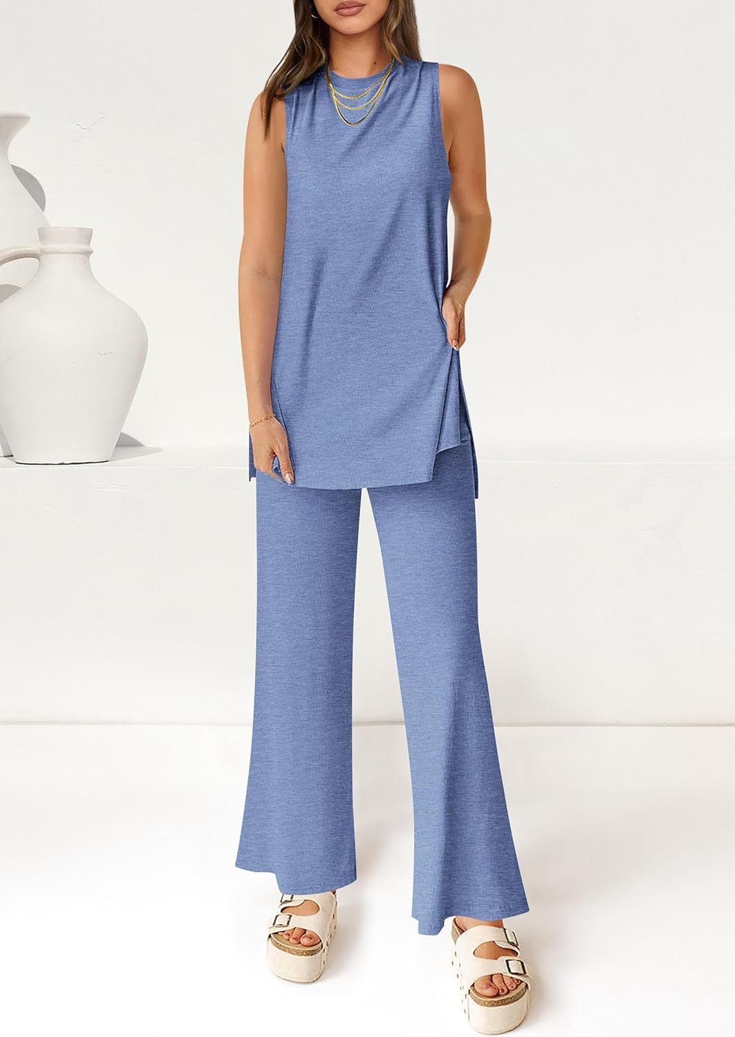 Two Piece Set Casual Set Summer Casual Loose Vest Wide Leg Pants Matching Travel Set Sportswear