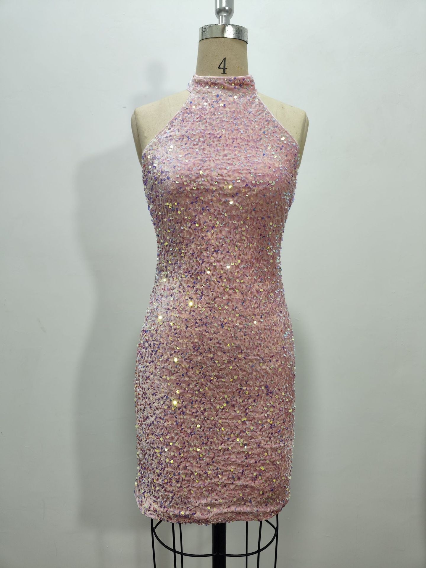 Middle East Women Flash Halter Backless Sleeveless Pleated Sequined Tight Pencil Mini Dress