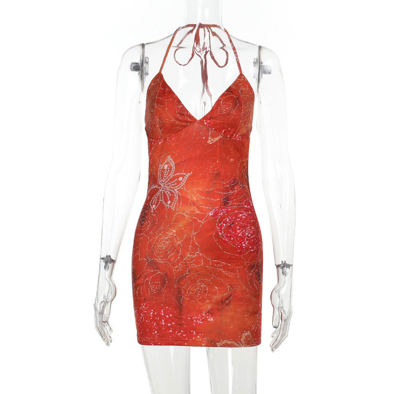 Sexy Backless Halter Printed Rhinestones Hip Sexy Dress Women