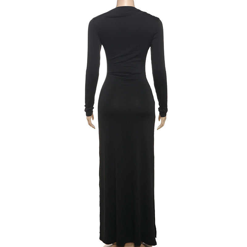 Summer Women Clothes Elegant Decorative Buckle Solid Color Long Sleeve Narrow Tight Strap Dress