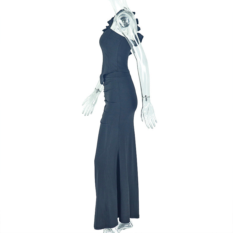 Elegant Women Clothing Split Solid Color Asymmetric Oblique Shoulder Halter Tube Top Dinner Skirt Set