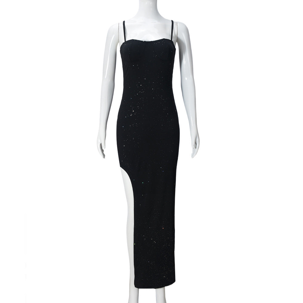 Women Clothing Slit Dress Spring Summer Backless Dusting Powder Flash Sling Dress