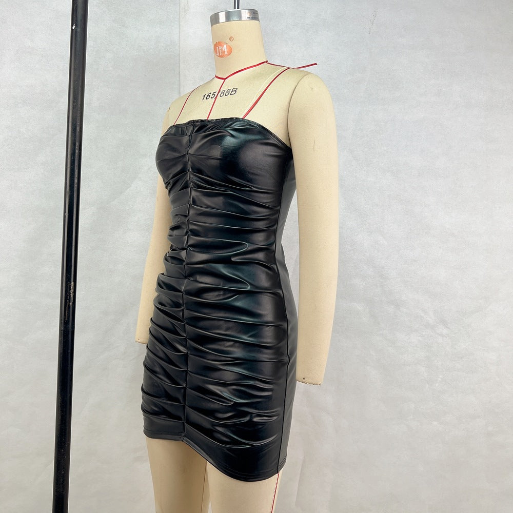 Women Clothing Autumn Winter Sexy Tube Top Cinched Waist Hip Faux Leather Pleated Dress