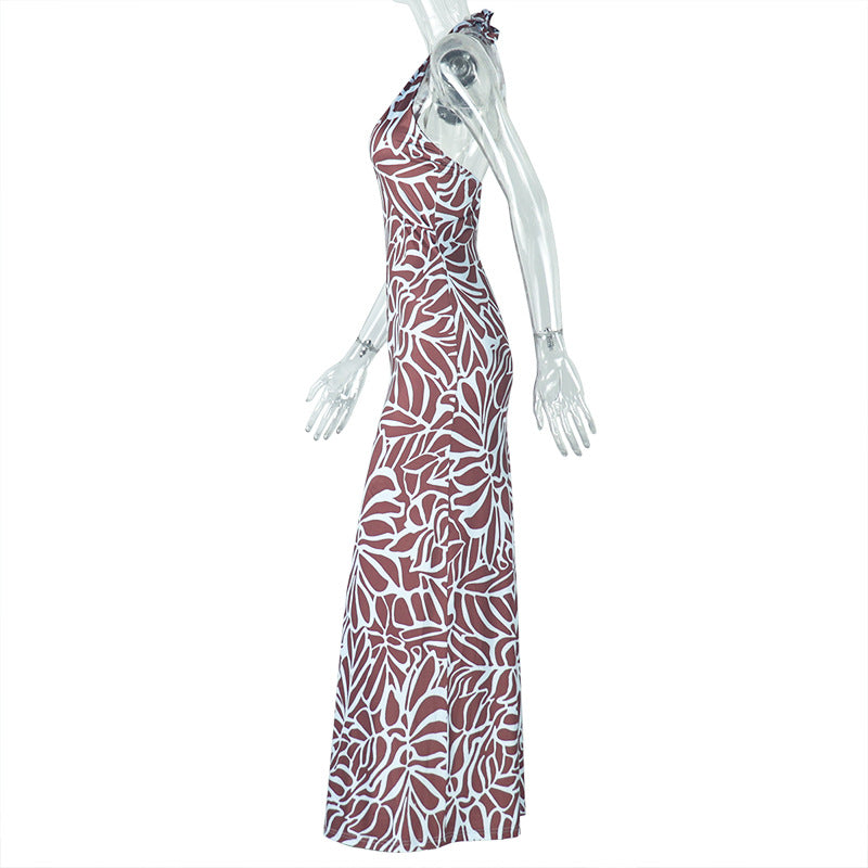Women Clothing Comfortable Elegant Backless Abstract Printing Suspender Sleeveless U Neck Dress