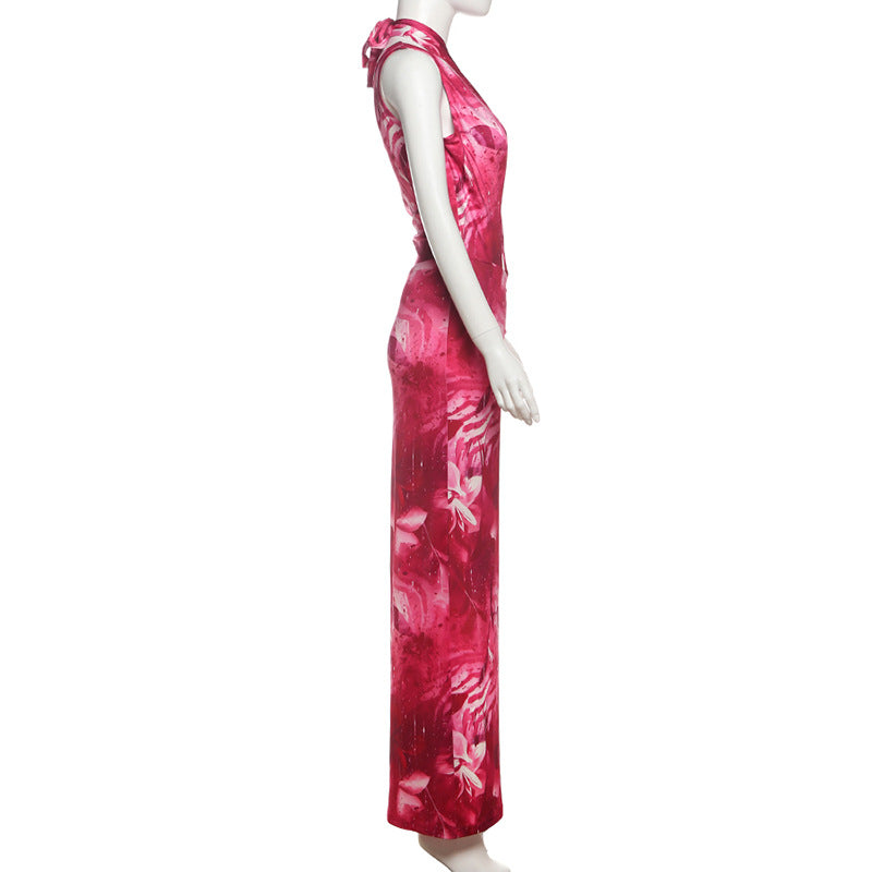 Summer Women Clothes Sexy Irregular Asymmetric Halter Contrast Color Strap Low Waist Split Dress