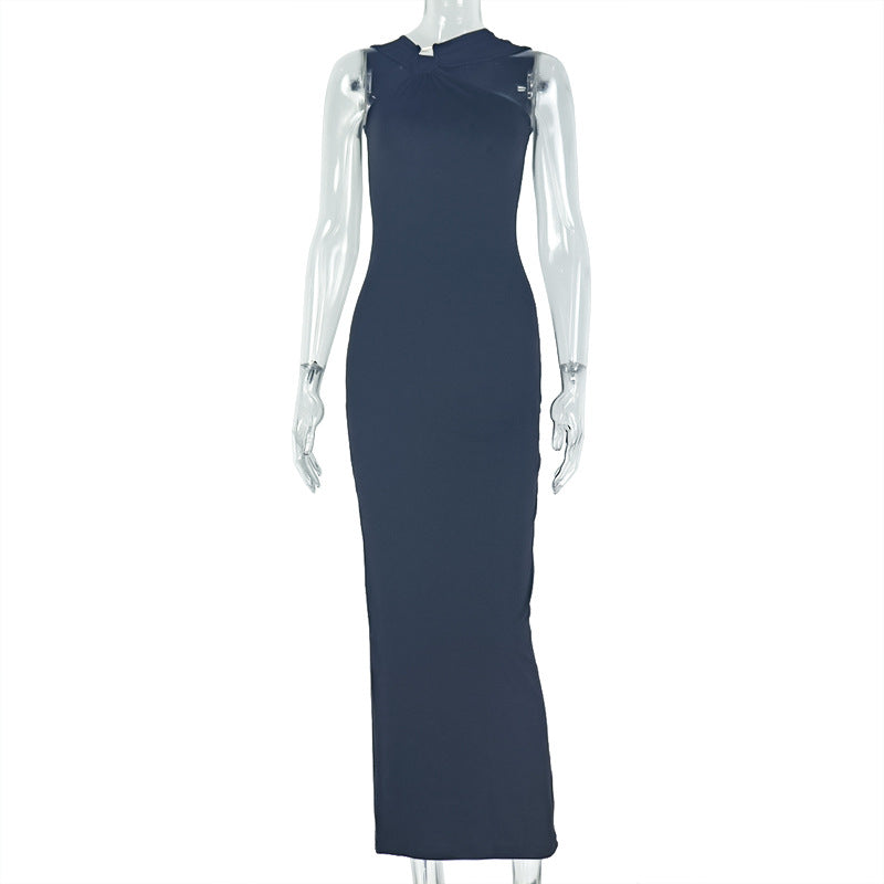 Elegant Solid Color Metal Pleated One Step Dress Sheath Halter Length Dress Fashionable Asymmetric Women Clothing