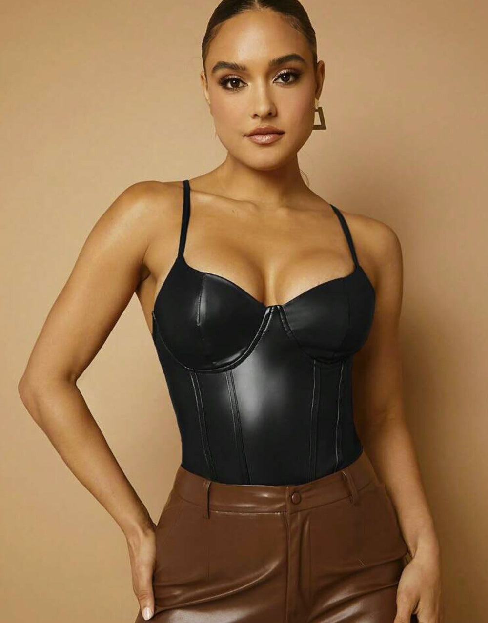 Slimming Clothes Sexy Sling Waist Slimming Solid Color Faux Leather Jumpsuit Fitness Exercise