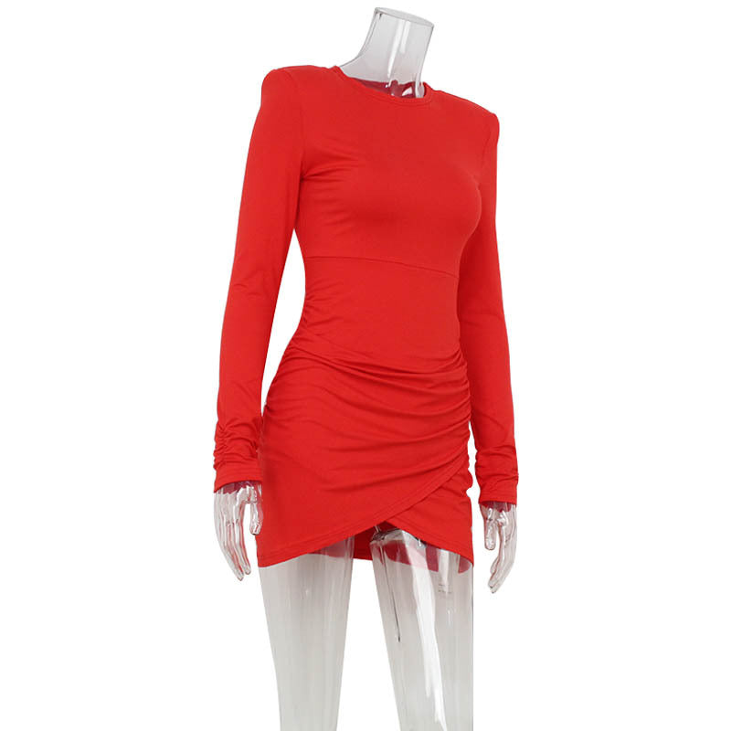Women Long Sleeve French Elegant Slim Irregular Asymmetric Hip Pleated Elegant Dress