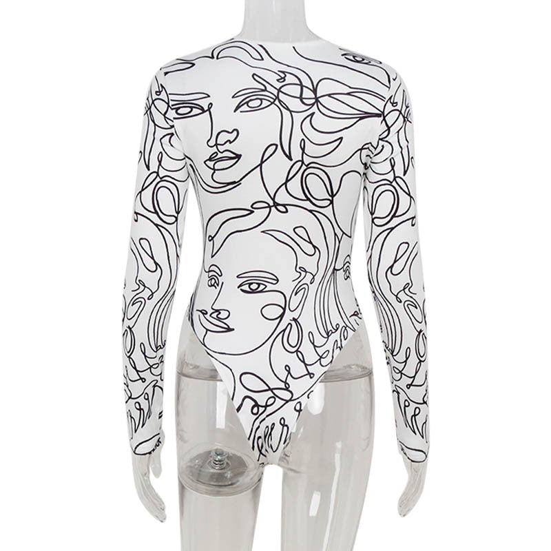 Women Clothing Tight High Waist round Neck Long Sleeve Street Printed Jumpsuit Thin Top Women