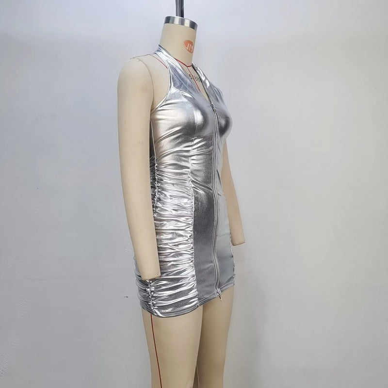 Women Summer Solid Color Pleated Sexy Halter Zipper Slim Fit Sheath Dress Women