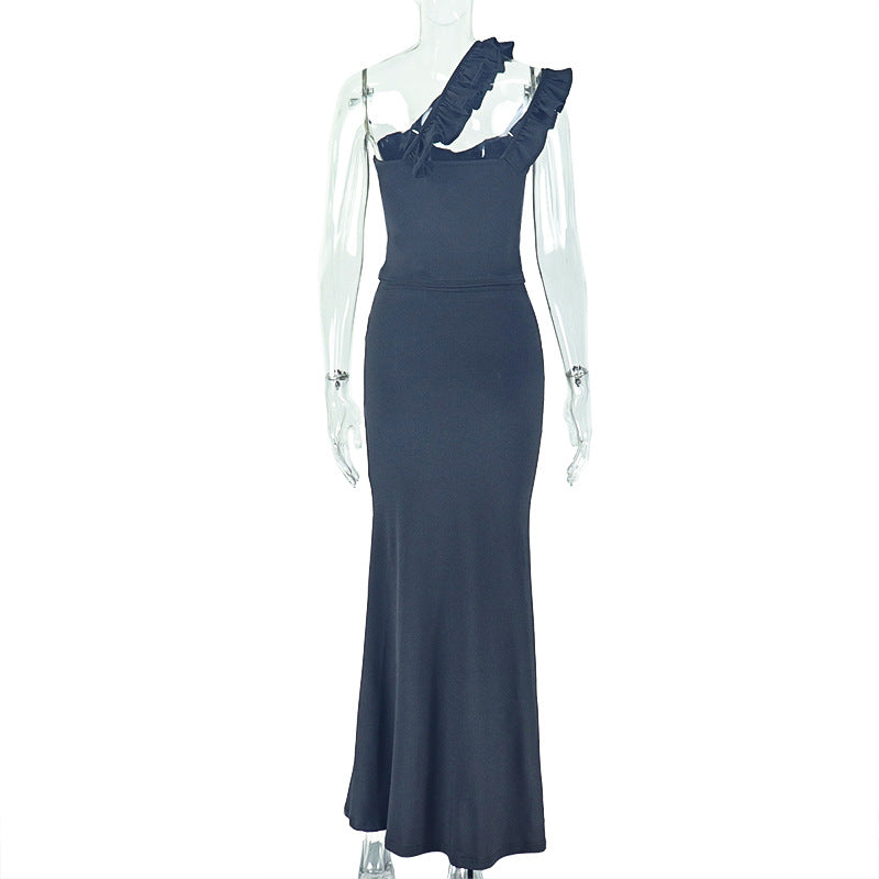 Elegant Women Clothing Split Solid Color Asymmetric Oblique Shoulder Halter Tube Top Dinner Skirt Set