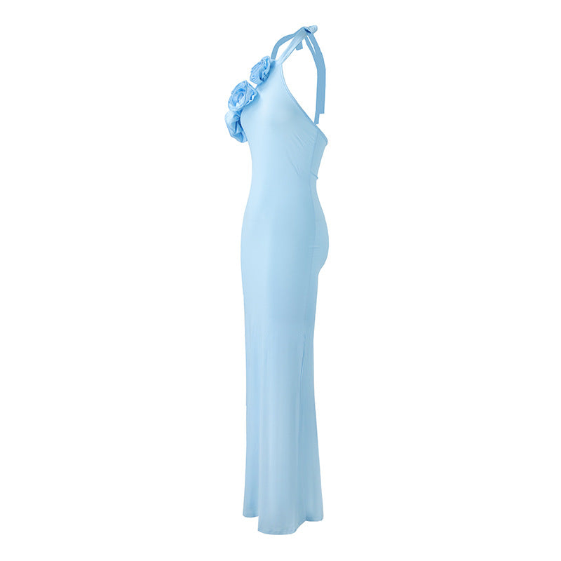 Women Clothing Three Dimensional Floral Sexy Halter Backless Split Dress