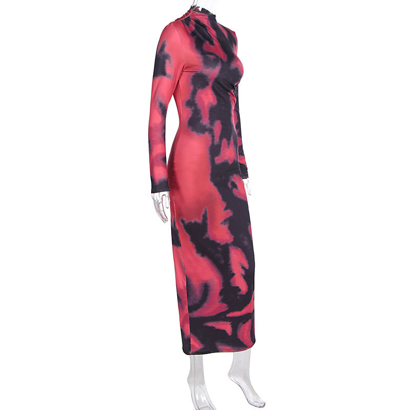 Autumn Winter Women Sexy Sheath Tie Dyed Printed Round Neck Pullover Dress