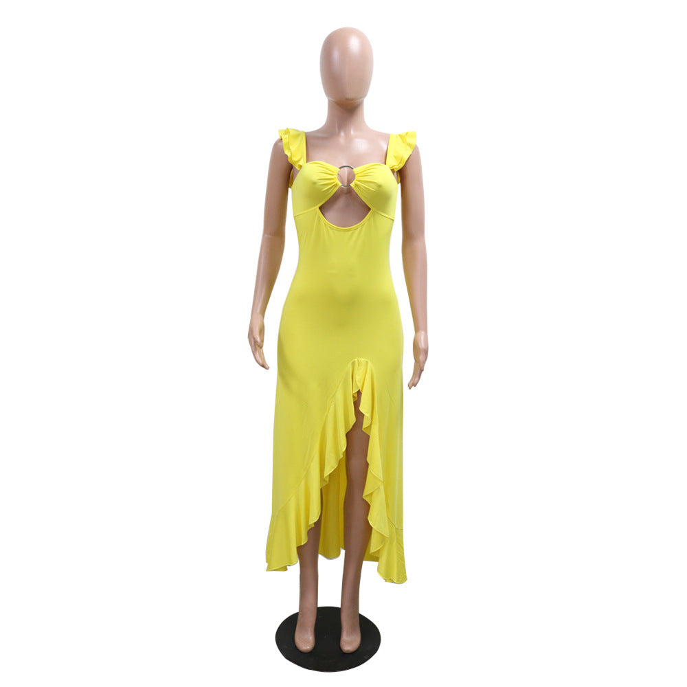 Model Sexy Women Wear Hollow Out Cutout out Camisole Dress Solid Color Slit Dress