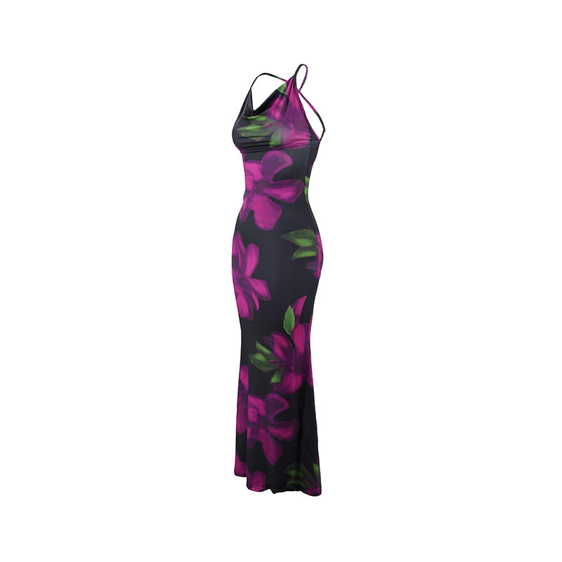 Women Dress Floral Print Cross Shoulder Strap Backless Slim Fit Inner Dress