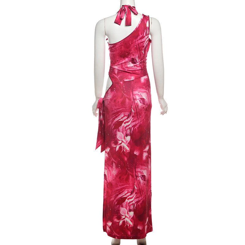 Summer Women Clothes Sexy Irregular Asymmetric Halter Contrast Color Strap Low Waist Split Dress