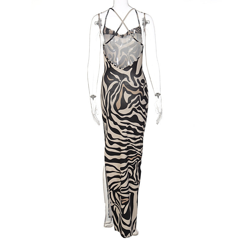 Women Clothing Summer Print Stitching Backless Sleeveless Split Dress