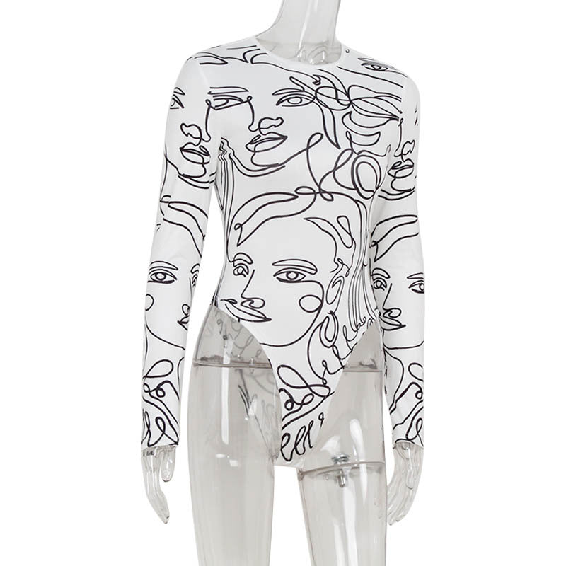 Women Clothing Tight High Waist round Neck Long Sleeve Street Printed Jumpsuit Thin Top Women