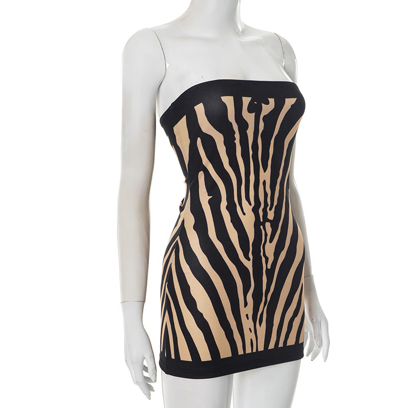 Women Sexy Zebra Print Tube Top Backless Slim A line Dress