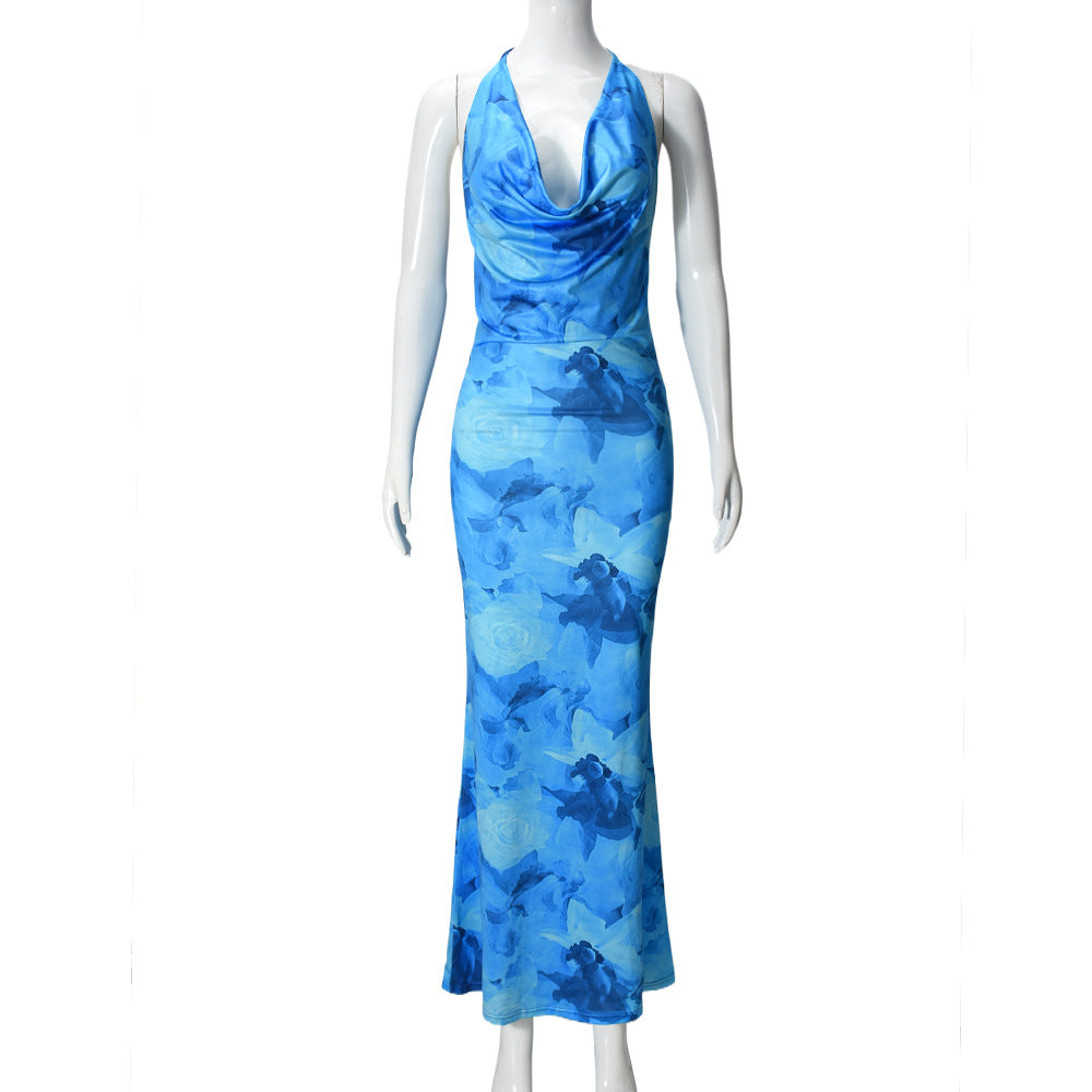Women Neck Neck Women Clothing Swing Collar Printing Series Sexy Backless Skinny Dress