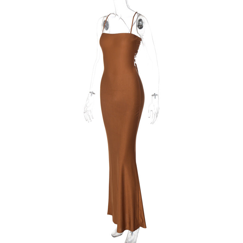 Women Clothing Summer Solid Color Tube Top Backless Stitching Hollow Out Cutout out Tied Slim Fit Slimming Dress Women