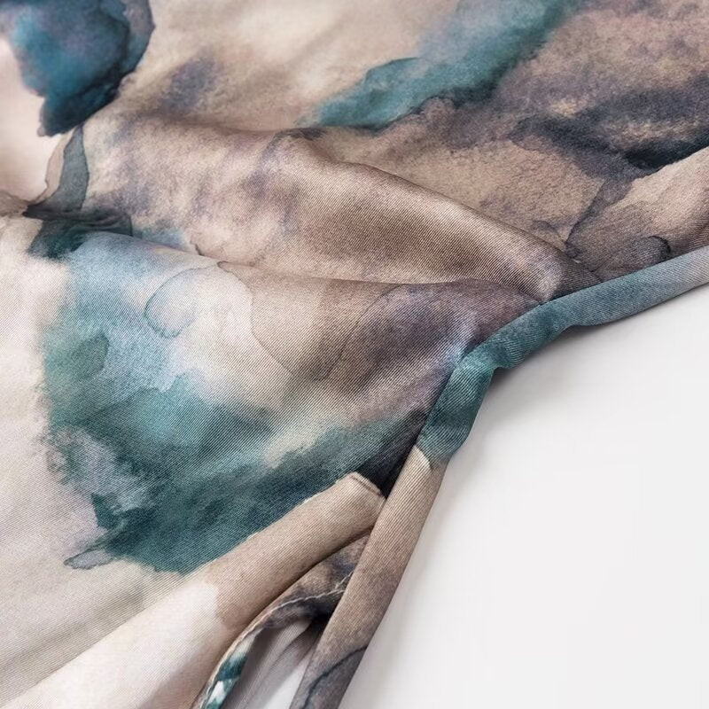 Women Wear Summer Round Neck Slim Fit Pleated Tie Dyed Satin Texture Dress
