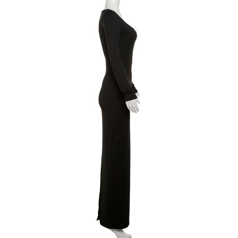 Autumn Winter Women Clothing Personality Mesh V neck Patchwork Slim Sheath Split Long Sleeve Dress Women