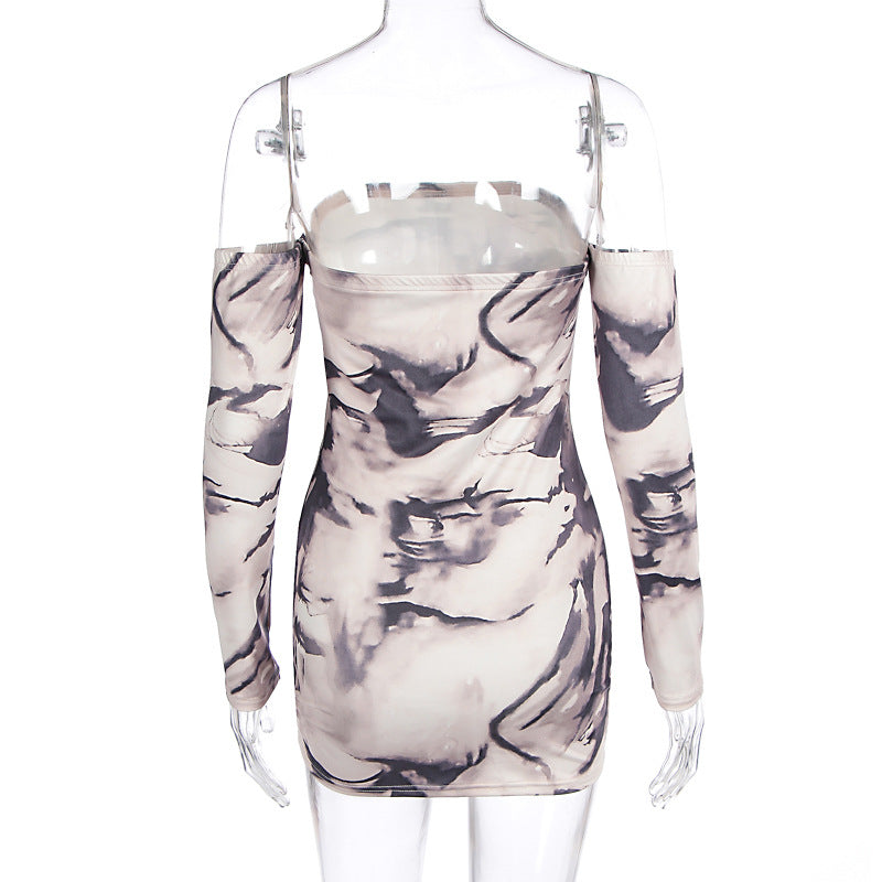 Autumn Winter Tube Top Sleeve off Shoulder Sexy Printed Short Dress Women Clothing
