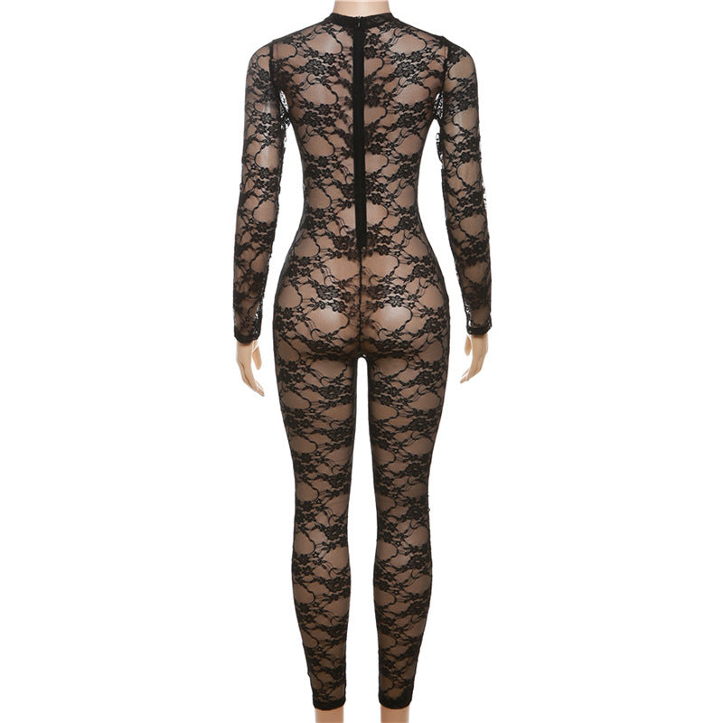 Women Clothing Spring Summer Street Sexy See through round Neck Long Sleeve Lace Tight One Piece Trousers
