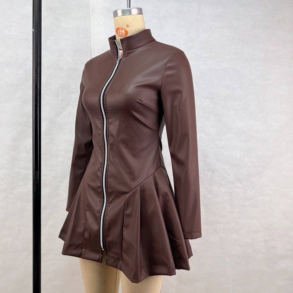 Women Fashionable Fitted Long Sleeve Pleated Faux Leather Zipper Dress