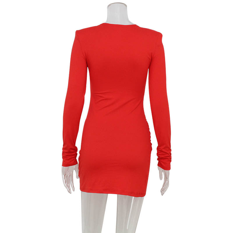 Women Long Sleeve French Elegant Slim Irregular Asymmetric Hip Pleated Elegant Dress