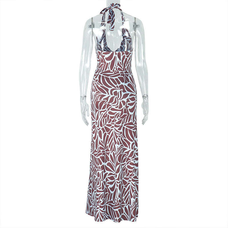 Women Clothing Comfortable Elegant Backless Abstract Printing Suspender Sleeveless U Neck Dress