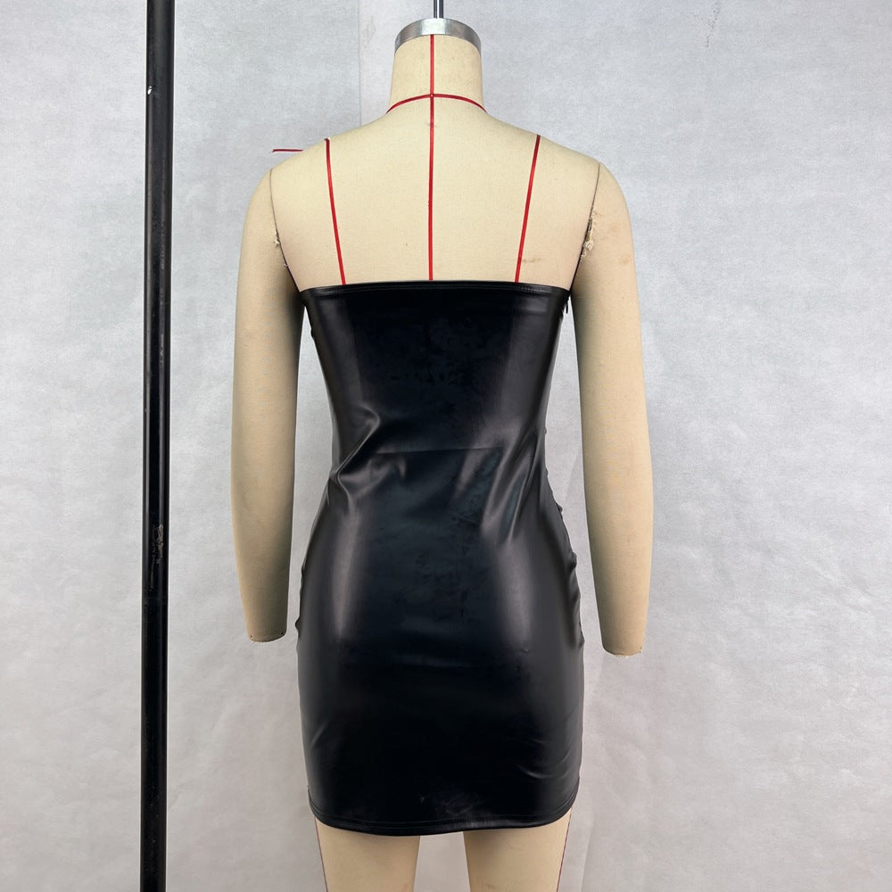 Women Clothing Autumn Winter Sexy Tube Top Cinched Waist Hip Faux Leather Pleated Dress