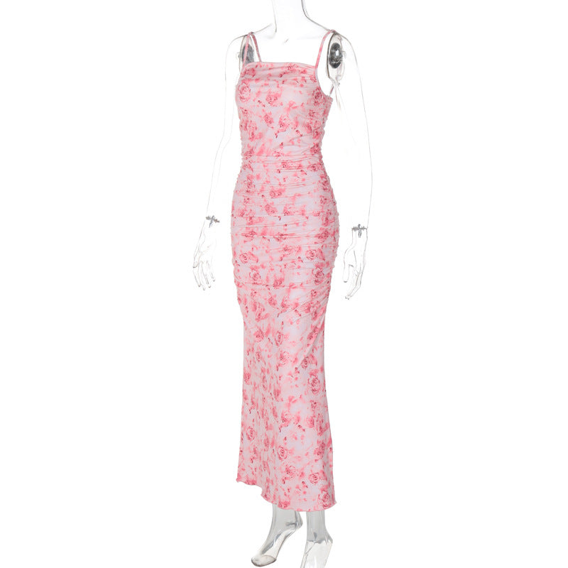 Summer Women Clothing Sexy Spaghetti Strap Floral Print Maxi Dress Slim Sheath Dress