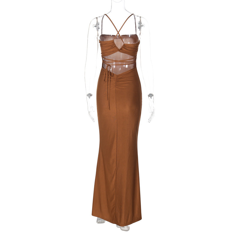 Women Clothing Summer Solid Color Tube Top Backless Stitching Hollow Out Cutout out Tied Slim Fit Slimming Dress Women