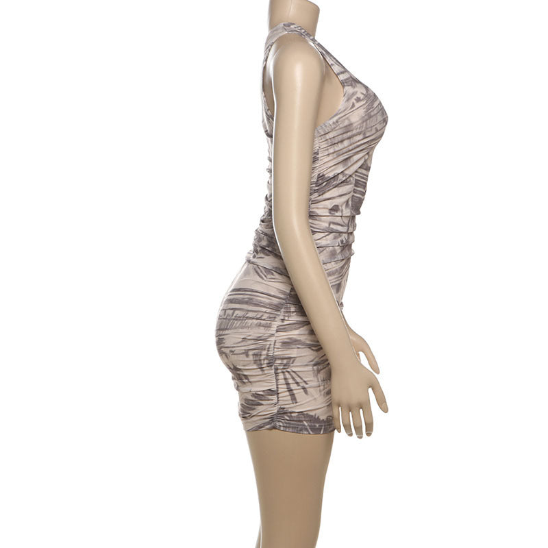 Women Clothing Spring Slim Sexy Cross Shoulder Bag Hip Pleated Print Dress