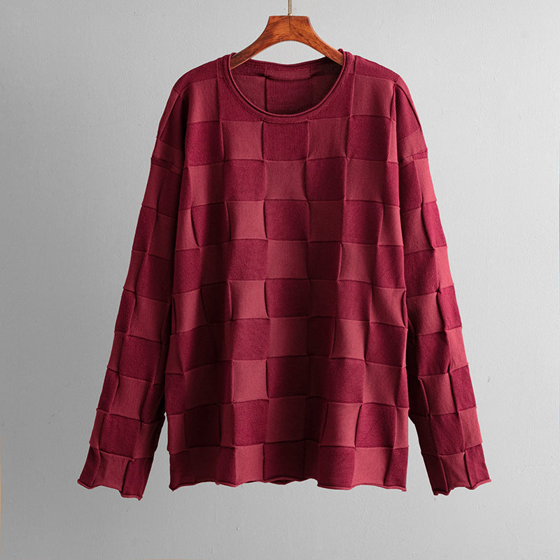 Square Plaid Knitting Women Autumn Winter Loose Fitting Oversized Sweater Casual Wide Leg Pants Two Piece Set