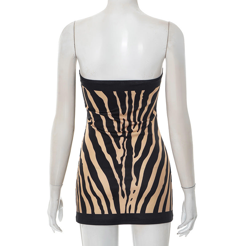 Women Sexy Zebra Print Tube Top Backless Slim A line Dress