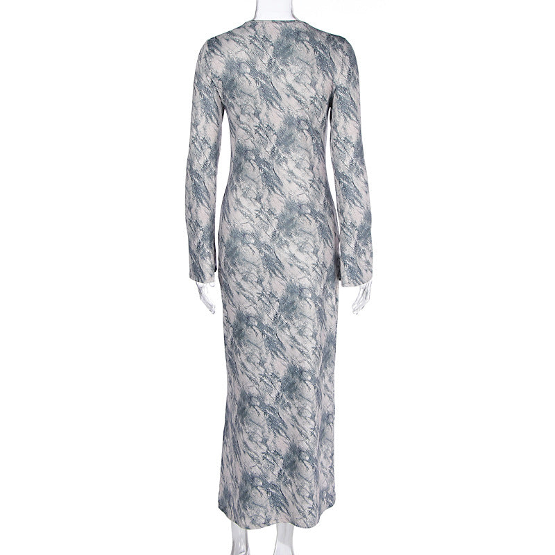 Women Clothing Summer Slim round Neck Printing Long Sleeve Maxi Dress