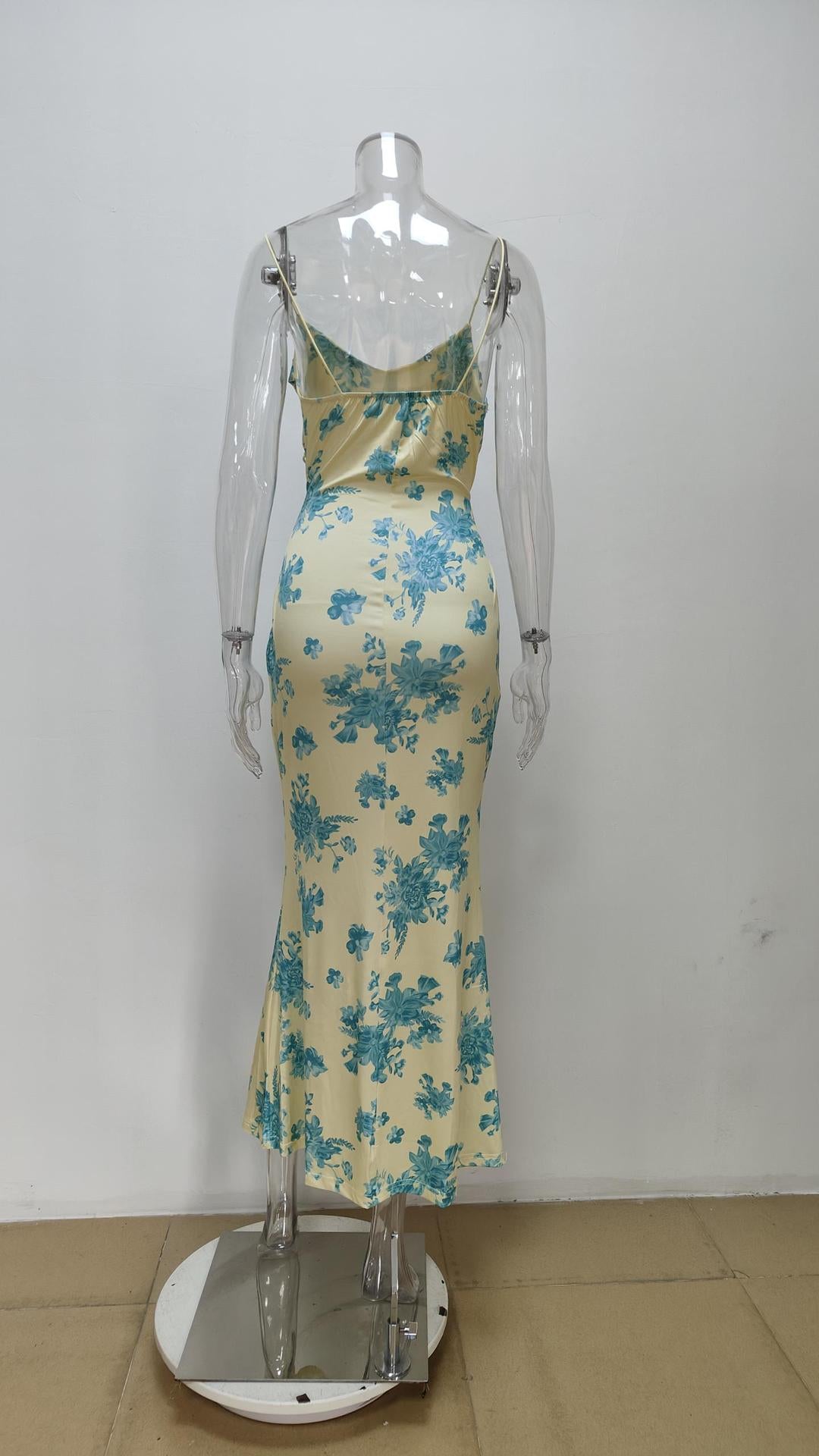 Women Clothing Strap Dress Floral Slim Fitting Sheath Print Pockets Collar Sling Dress