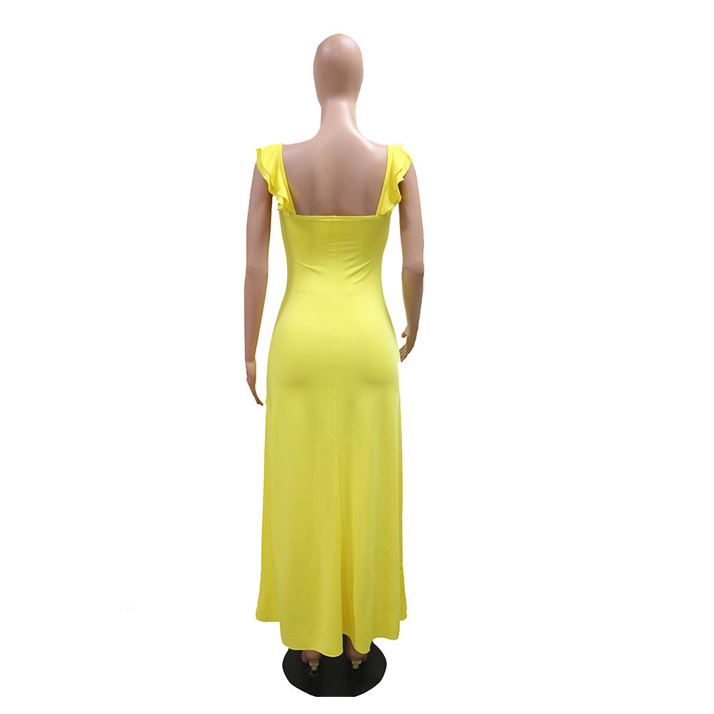 Model Sexy Women Wear Hollow Out Cutout out Camisole Dress Solid Color Slit Dress
