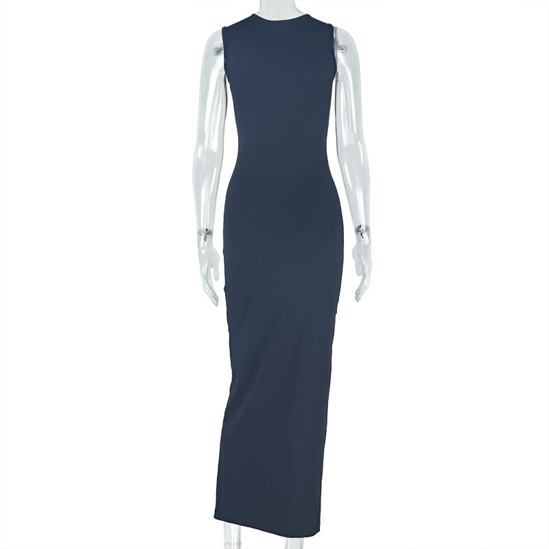 Elegant Solid Color Metal Pleated One Step Dress Sheath Halter Length Dress Fashionable Asymmetric Women Clothing