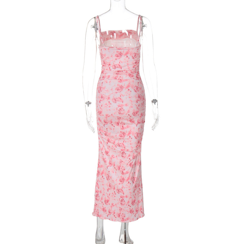 Summer Women Clothing Sexy Spaghetti Strap Floral Print Maxi Dress Slim Sheath Dress